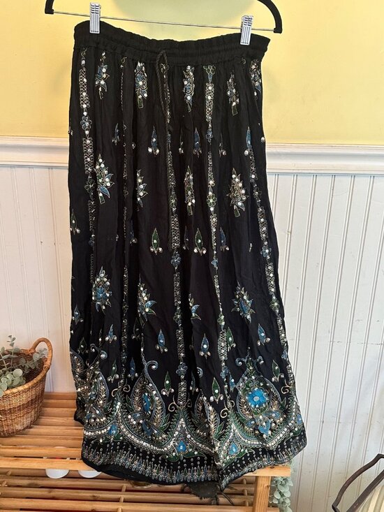 Vintage Dresses & Skirts - Black Embroidered Maxi Skirt With Blue & Green Floral Design Elastic Waist Draws
